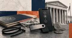 Hardware crypto wallet, completed Bitcoin transfer, federal court file, evidence bag and zip ties on navy and orange editorial panels.