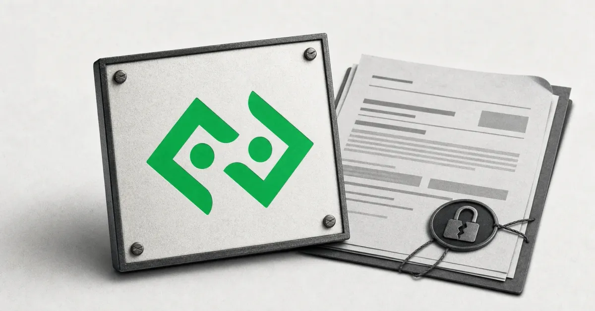 The official green Bitkub logo on a large metal plaque beside a greyscale regulatory document marked with an unbranded broken-padlock evidence seal.