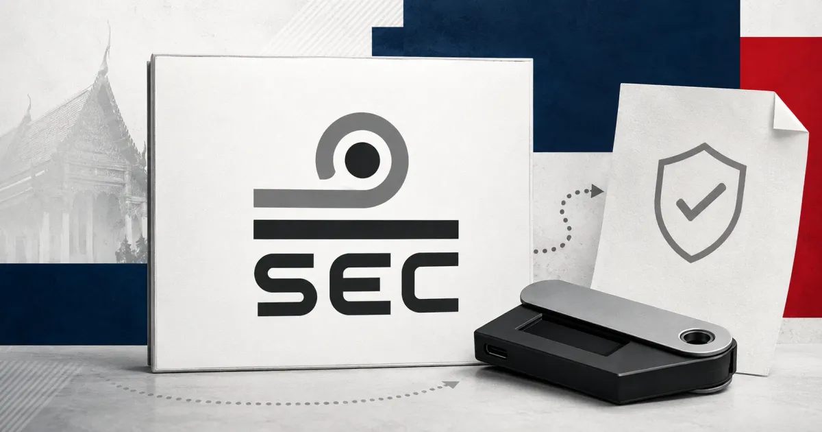 Large official SEC Thailand logo beside a greyscale unbranded hardware wallet and verification document on navy, red and off-white editorial panels