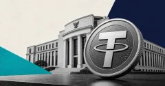 Greyscale Bank of Thailand building and Tether USDT coin on navy and turquoise editorial panels, representing Thailand's audit of high-value stablecoin trades.
