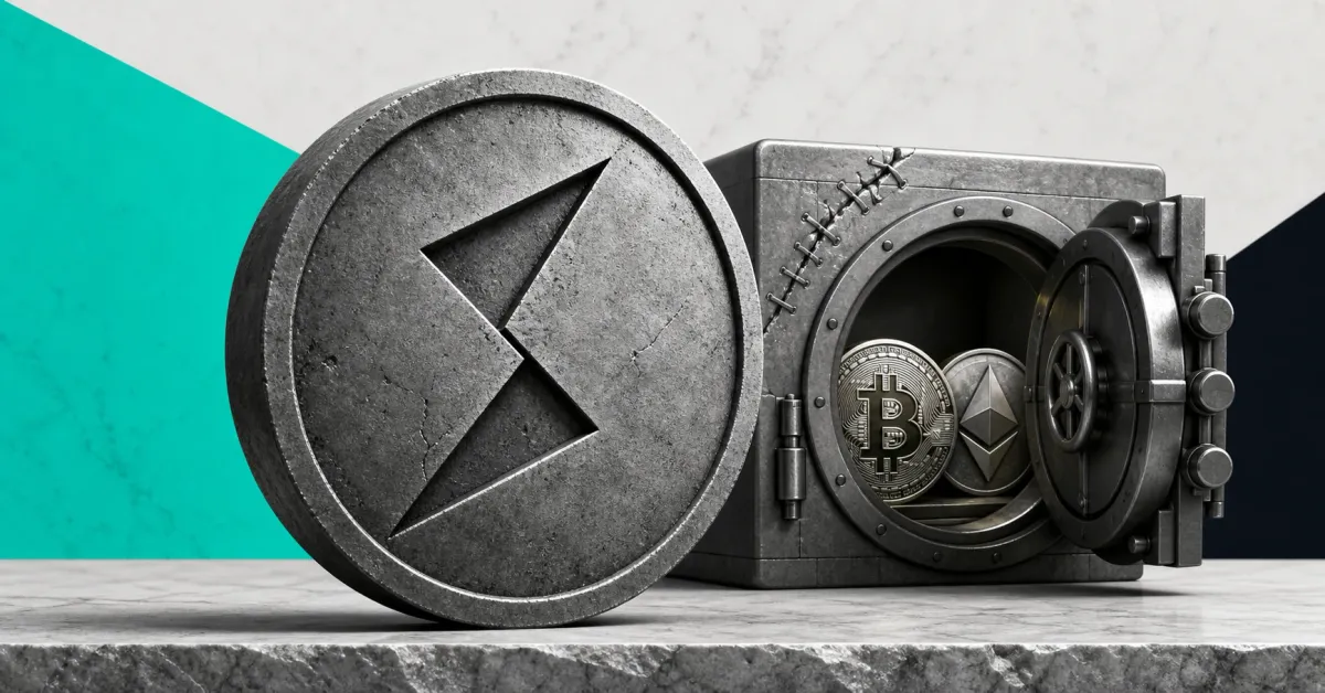 Greyscale THORChain rune emblem beside a reopened cross-chain vault holding Bitcoin and Ethereum on cyan, black and marble editorial panels.