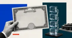 Greyscale unbranded stock certificate held beside a transparent linked-block settlement ledger on cobalt blue, deep teal and off-white editorial panels.