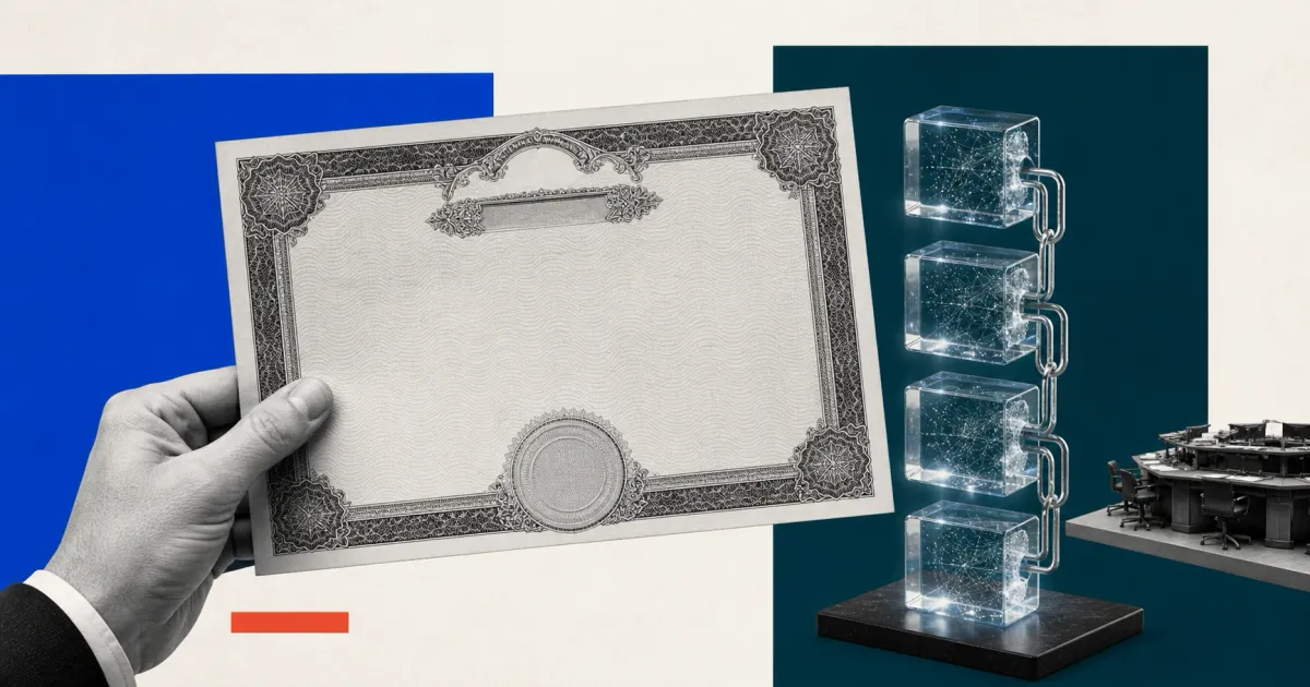 Greyscale unbranded stock certificate held beside a transparent linked-block settlement ledger on cobalt blue, deep teal and off-white editorial panels.