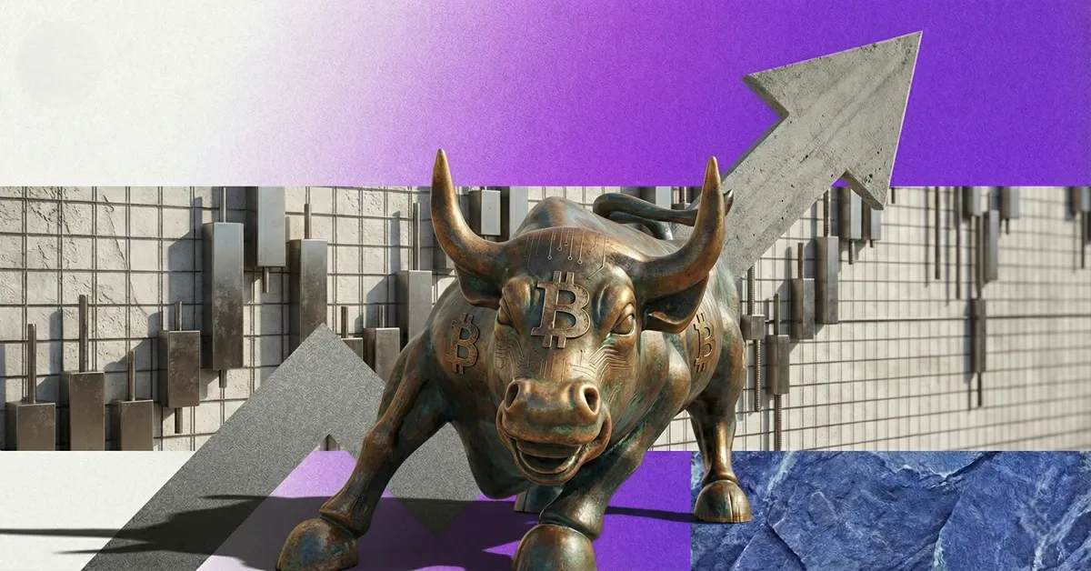 Bitcoin bull statue charging forward with BTC symbols and an upward arrow over price charts, illustrating a bullish Bitcoin market breakout