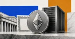 Greyscale Ethereum coin and validator server stack on blue and copper editorial finance panels