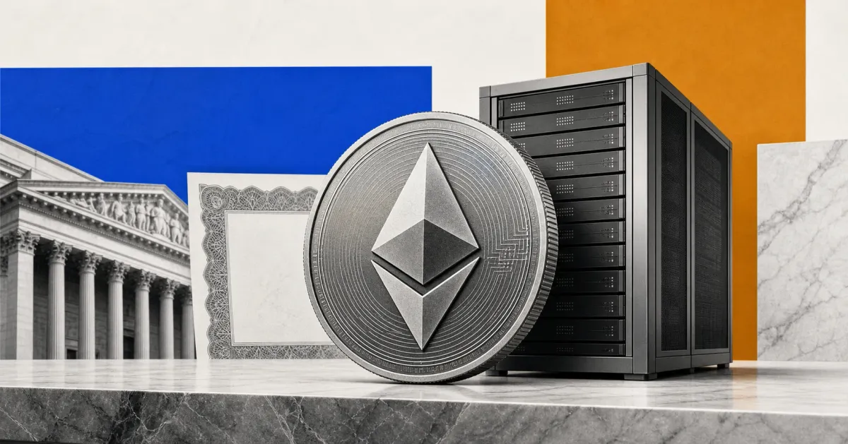 Greyscale Ethereum coin and validator server stack on blue and copper editorial finance panels