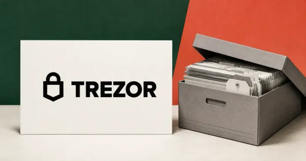 Large official black Trezor lock logo and wordmark on an off-white sign beside a greyscale unbranded archive box of paper shipping records and blank tags, against forest-green and coral panels.