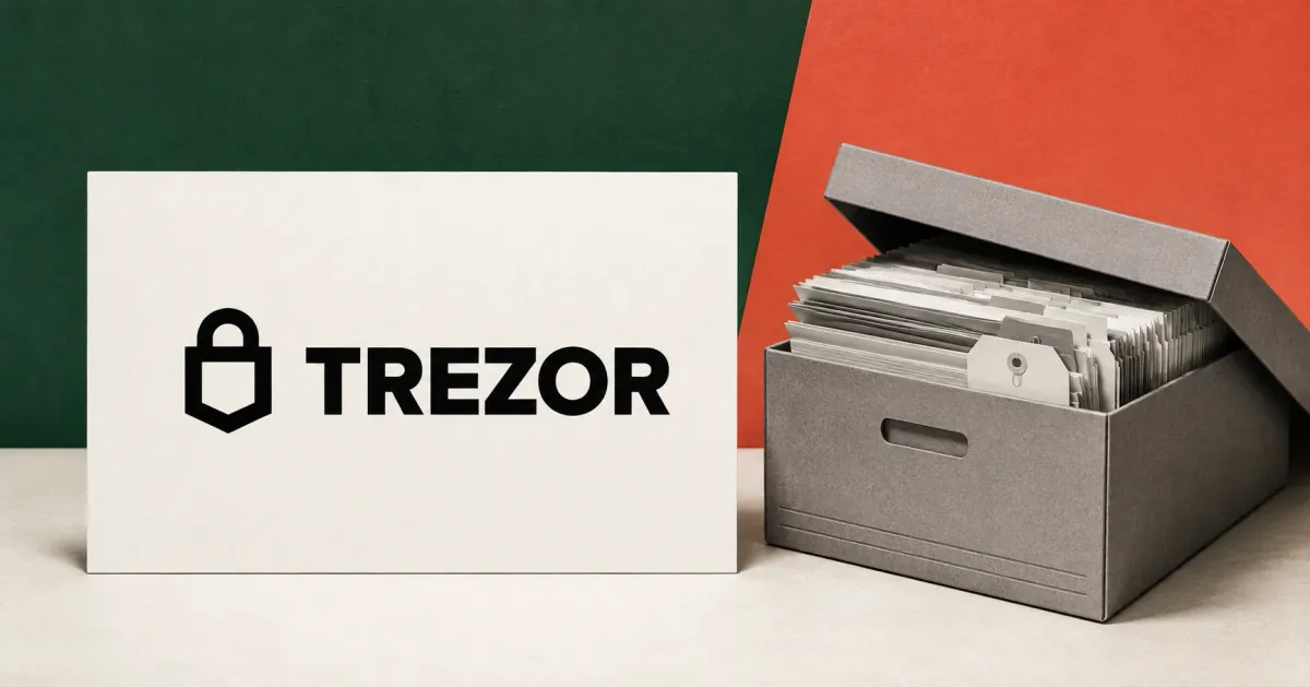Large official black Trezor lock logo and wordmark on an off-white sign beside a greyscale unbranded archive box of paper shipping records and blank tags, against forest-green and coral panels.