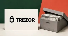 Large official black Trezor lock logo and wordmark on an off-white sign beside a greyscale unbranded archive box of paper shipping records and blank tags, against forest-green and coral panels.