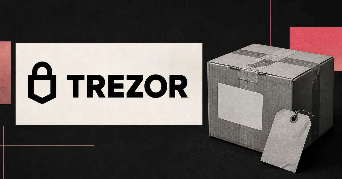 Large official black Trezor logo and wordmark on an off-white plaque beside a greyscale unbranded taped delivery parcel and blank tag on charcoal and coral editorial panels.