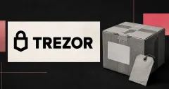 Large official black Trezor logo and wordmark on an off-white plaque beside a greyscale unbranded taped delivery parcel and blank tag on charcoal and coral editorial panels.