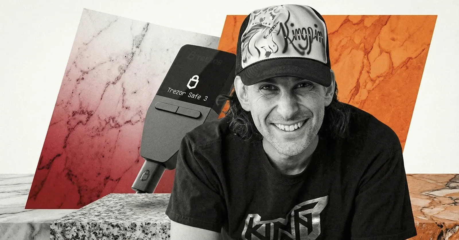 Crypto entrepreneur with Trezor Safe 3 hardware wallet, representing secure cryptocurrency storage, self-custody, and Bitcoin security solutions