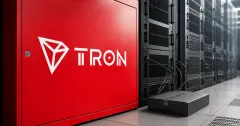 Large official white TRON logo and wordmark on a red server-cabinet face beside a greyscale unbranded node-server rack and sealed software-update package.