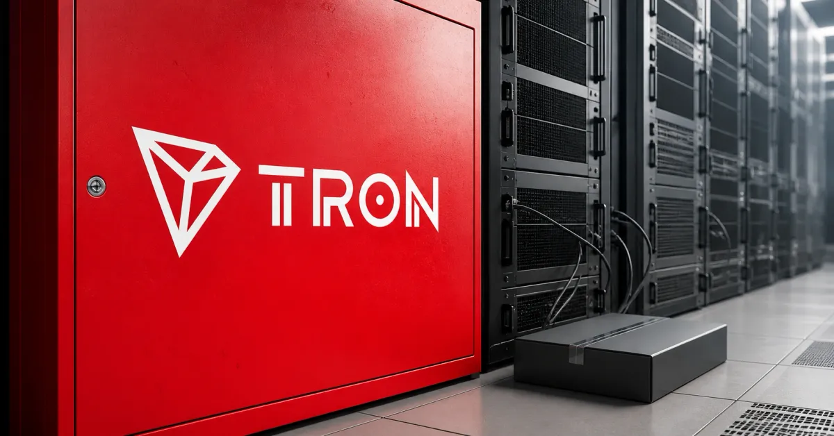 Large official white TRON logo and wordmark on a red server-cabinet face beside a greyscale unbranded node-server rack and sealed software-update package.