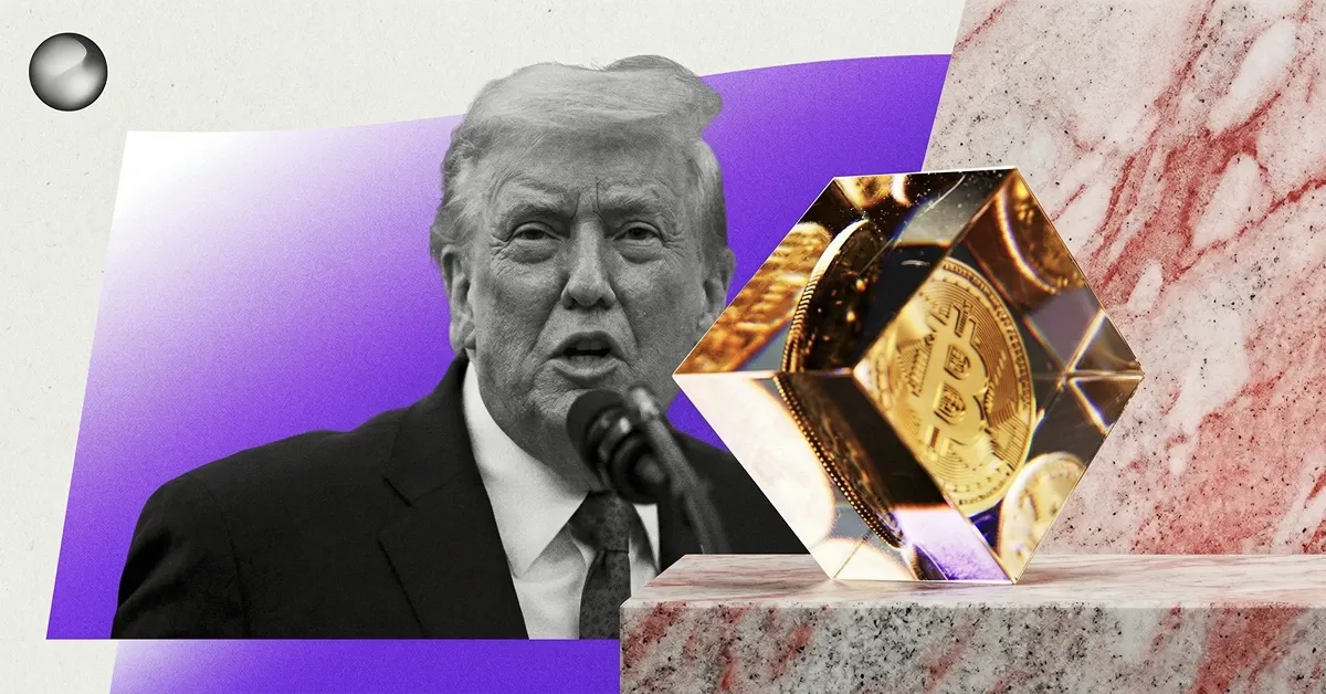 Donald Trump speaking with Bitcoin cube graphic, symbolizing U.S. political influence on cryptocurrency policy and digital asset markets