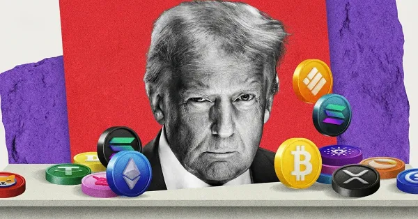 Donald Trump portrait surrounded by Bitcoin, Ethereum, Solana, and XRP coins on a red and purple backdrop, illustrating crypto market reaction to U.S. policy moves