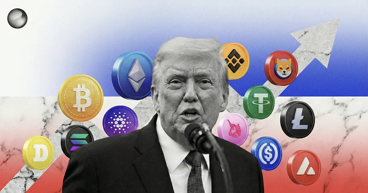 Donald Trump speaking at a podium with Bitcoin, Ethereum, Binance Coin, Tether, and other cryptocurrency logos in the background, symbolizing U.S. crypto policy and digital asset market impact