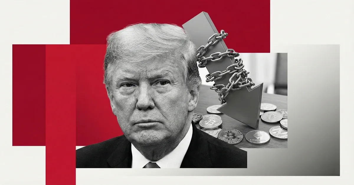 Cover for Trump tariff crypto shock piece, grayscale politician with chained down arrow and bitcoin coins on red backdrop