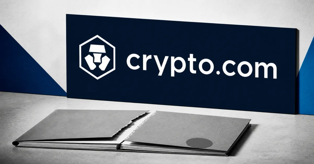 Large official white Crypto.com lion mark and wordmark on a navy plaque above a greyscale torn, unbranded financial-agreement folder on an off-white editorial background.