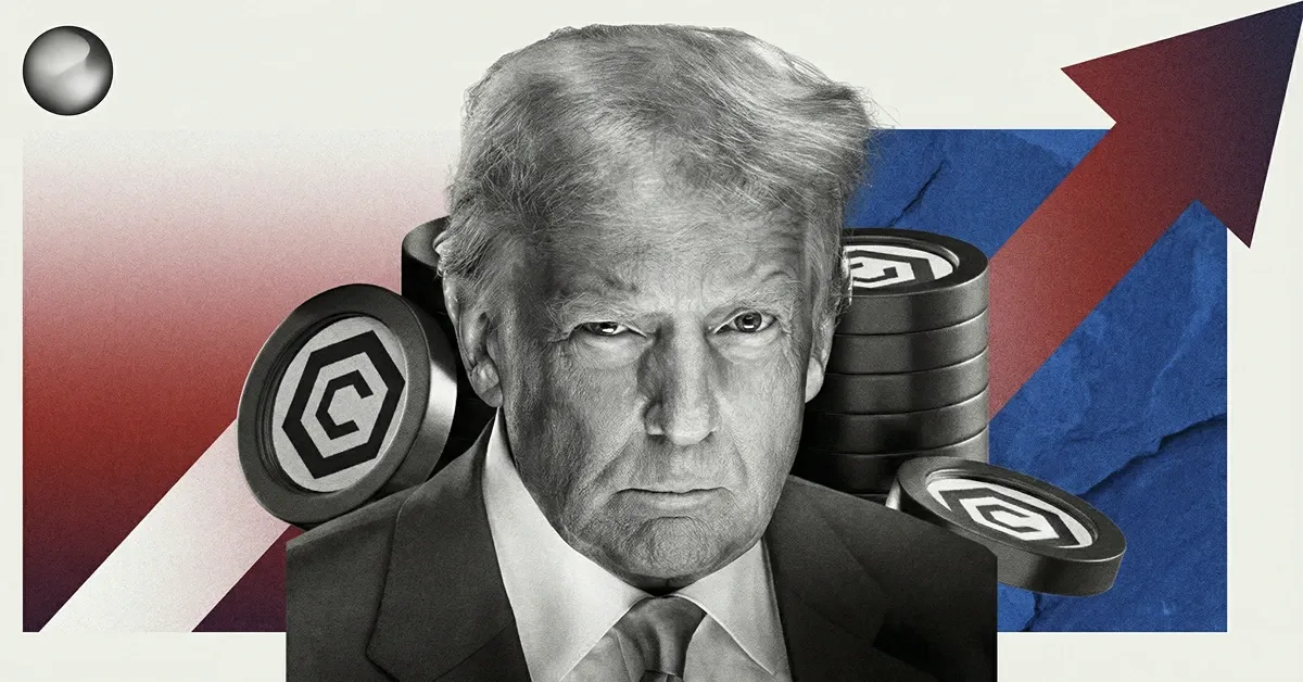 Donald Trump portrait with stacked crypto coins and an upward red arrow on a blue and red backdrop, illustrating a pro-crypto policy boost narrative.