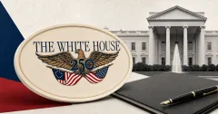 Large official White House 250 wordmark on a cream placard beside a greyscale White House facade and an unbranded government meeting brief on red and navy editorial panels.