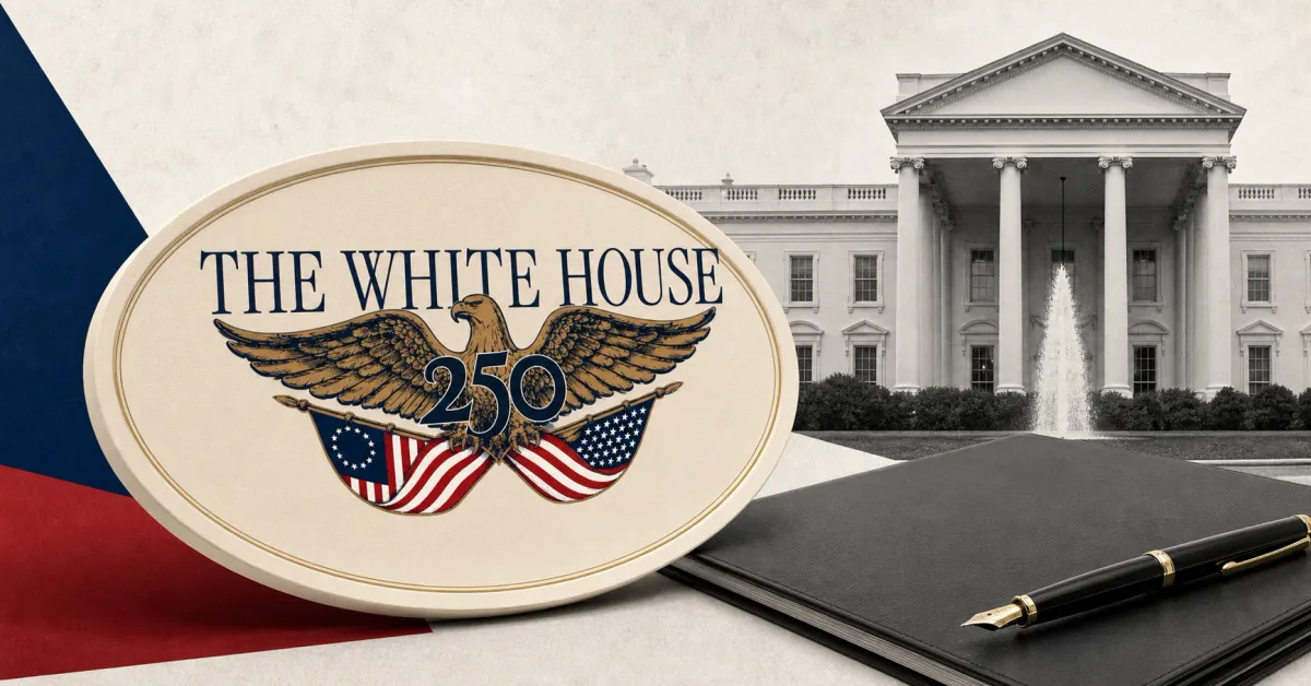 Large official White House 250 wordmark on a cream placard beside a greyscale White House facade and an unbranded government meeting brief on red and navy editorial panels.