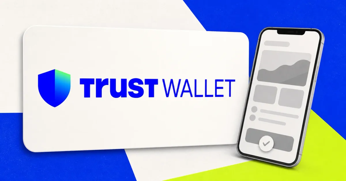 Large official blue Trust Wallet logo on a white editorial plaque beside a greyscale smartphone with an abstract wallet interface, set against cobalt and lime panels.