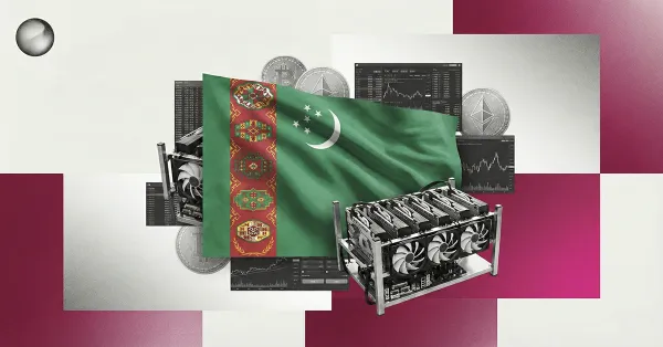 Turkmenistan flag over an abstract bitcoin mining and trading backdrop, illustrating crypto legalization under a new law