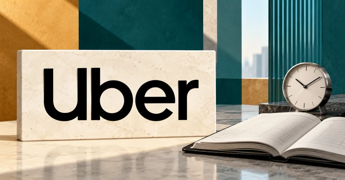 Large official black Uber wordmark on an ivory desk sign beside an unbranded greyscale open treasury ledger and analog clock, against teal and ochre panels.