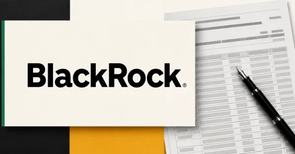 Large official black BlackRock wordmark on an off-white fund card beside a greyscale unbranded institutional holdings document and fountain pen over charcoal, amber and green editorial panels.