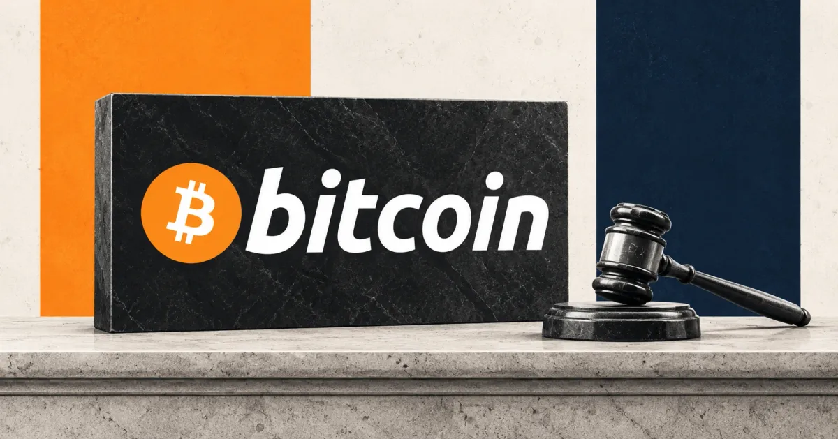 One large official orange Bitcoin emblem and white lowercase bitcoin wordmark on a black stone plaque beside an unbranded greyscale judicial gavel and block, against orange, navy and off-white editorial panels.