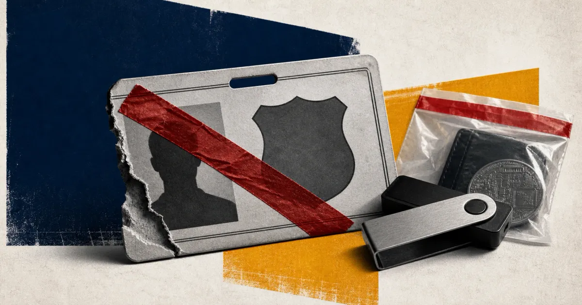 Counterfeit police identity card crossed out beside a seized hardware crypto wallet and evidence bag, illustrating the UK police-impersonation cryptocurrency scam.