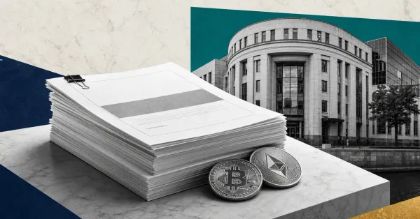 Greyscale UK financial regulation papers, Bitcoin and Ethereum coins and a London regulator-style building on navy, teal and gold editorial panels representing the FCA crypto ETN fund proposal.