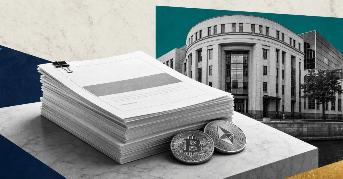 Greyscale UK financial regulation papers, Bitcoin and Ethereum coins and a London regulator-style building on navy, teal and gold editorial panels representing the FCA crypto ETN fund proposal.