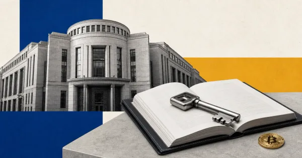 Greyscale UK financial regulator building with crypto custody keys, a stablecoin reserve document and a Bitcoin coin on cobalt blue and amber editorial panels.