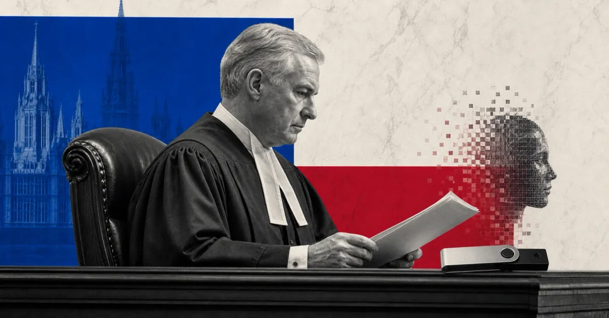 Greyscale British judge reviewing a case file beside a hardware crypto wallet and pixelated AI silhouette on blue, red and off-white editorial panels.