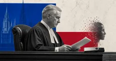 Greyscale British judge reviewing a case file beside a hardware crypto wallet and pixelated AI silhouette on blue, red and off-white editorial panels.