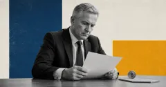 Greyscale tax official reviewing a document beside an Ethereum coin on cobalt blue, amber and off-white editorial panels.