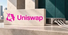 One prominent official pink Uniswap unicorn and wordmark on an ivory sign beside an unbranded greyscale network routing switch and cables, against off-white and deep petrol architectural panels.
