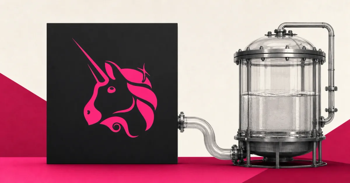 Large official pink Uniswap unicorn logo on a charcoal plaque beside a greyscale glass liquidity reservoir and unbranded pipe on pink and off-white editorial panels.
