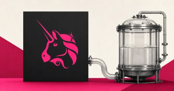 Large official pink Uniswap unicorn logo on a charcoal plaque beside a greyscale glass liquidity reservoir and unbranded pipe on pink and off-white editorial panels.