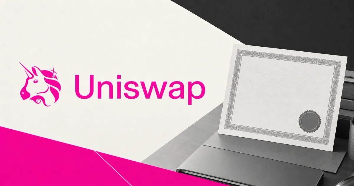 Large official pink Uniswap wordmark on an off-white editorial plaque beside a greyscale blank tokenized-fund certificate and compliance seal on a desk.