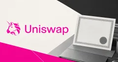 Large official pink Uniswap wordmark on an off-white editorial plaque beside a greyscale blank tokenized-fund certificate and compliance seal on a desk.