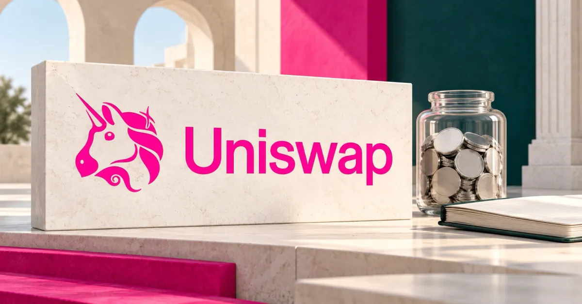 One large official pink Uniswap unicorn and wordmark on an ivory stone sign beside an unbranded glass jar of plain metal discs and a blank ledger, against pink and teal architecture.