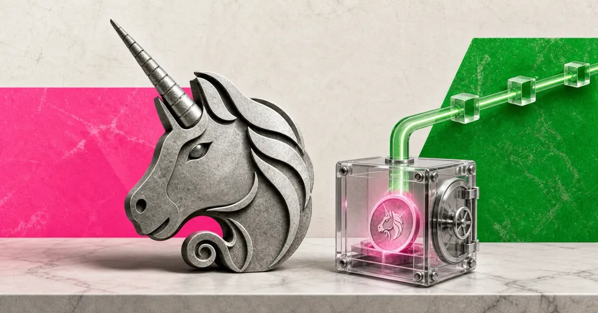 Greyscale Uniswap unicorn beside a Robinhood Chain payment rail and UNI token burn vault on pink, green and off-white editorial panels.