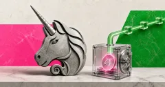 Greyscale Uniswap unicorn beside a Robinhood Chain payment rail and UNI token burn vault on pink, green and off-white editorial panels.