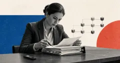 Greyscale compliance investigator reviewing a case file beside a security key and blockchain ledger on cobalt blue, coral and off-white editorial panels.