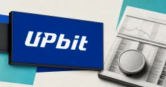 Large official white Upbit wordmark on a blue exchange panel beside a greyscale market ledger and an unbranded dollar-settlement token on off-white and teal editorial panels.