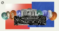 U.S. Congress session flanked by Bitcoin, Ethereum, and stablecoin icons on red and blue blocks, illustrating lawmakers shaping crypto regulation