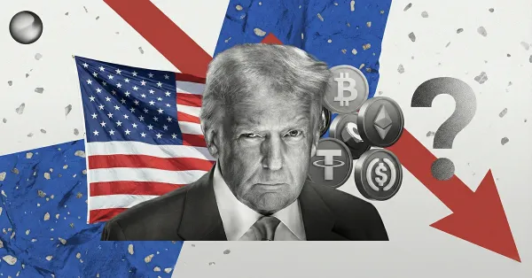 Donald Trump portrait with U.S. flag, falling red arrow, and Bitcoin, Ethereum, and stablecoin icons, illustrating crypto market uncertainty tied to U.S. policy moves